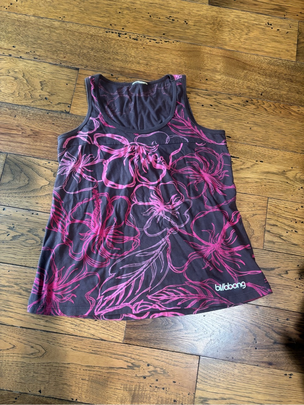 Y2K Billabong Brown Women’s Tank Top with Pink Floral Print Size Medium